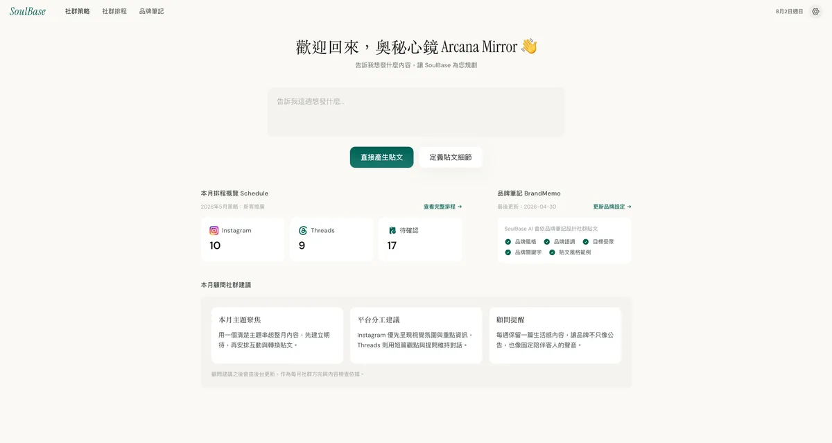 SoulBase 社群策略工作台介面，顯示排程概覽與品牌筆記